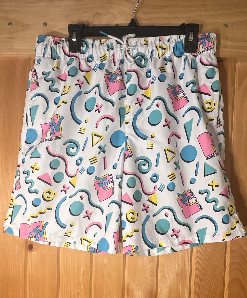 MTV Men's Music Television Retro 80s Geometric Print Swim Trunks Size Medium